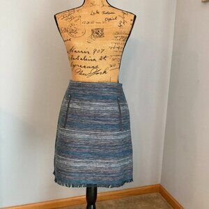 Ann Taylor Loft Skirt Blue Tweed Zippered Design Fringe Size 6